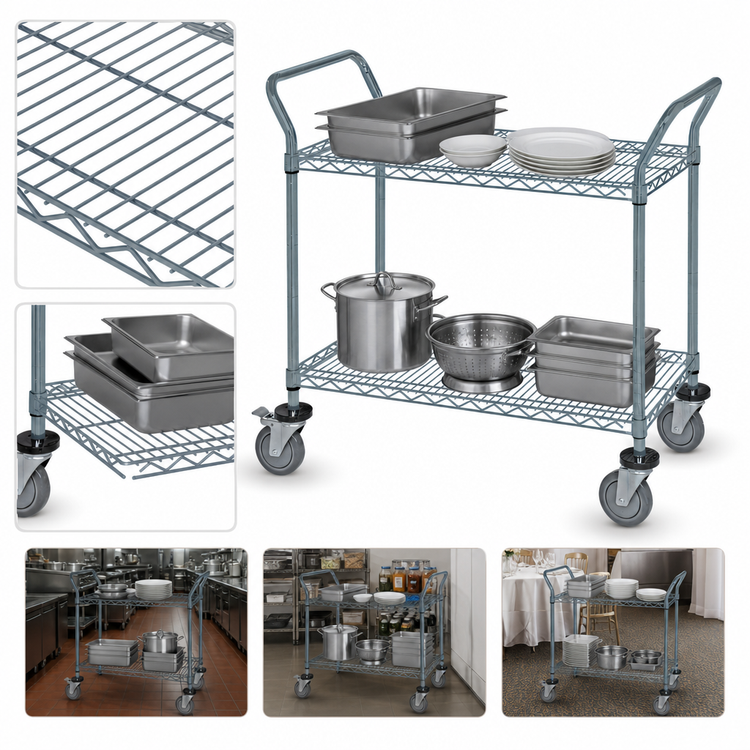 Product image #3 for Quantum 60-Inch x 18-Inch Gray Epoxy Antimicrobial Two-Shelf Wire Utility Bus Cart