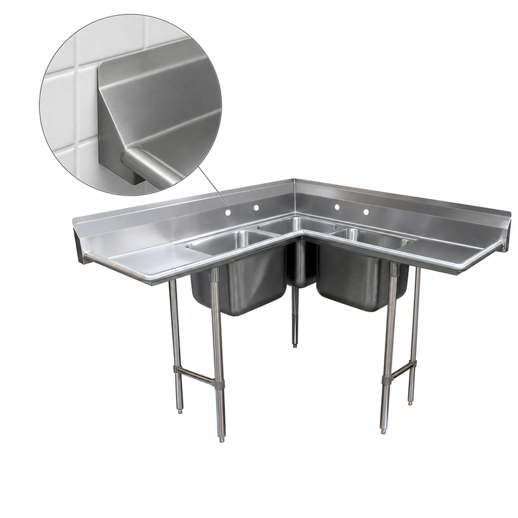 Product image #3 for Advance Tabco 3-Compartment Corner Sink with 30-Inch Left- and Right-Hand Drainboards, 8-Inch Backsplash, and Open Frame Base
