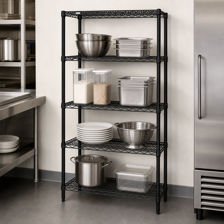 Product image #3 for Quantum Stationary Wire Shelving Starter Kit with 4 Shelves, 24"W x 18"D x 54"H, Black Epoxy Antimicrobial Finish