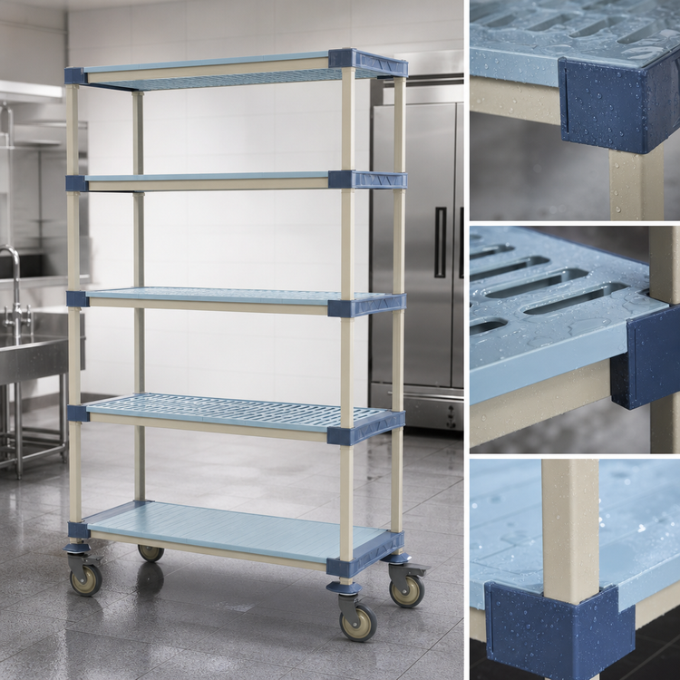 Product image #3 for MetroMax 4 Five-Tier Mobile Starter Polymer Shelving Unit with 4 Open Grid Shelves and 1 Solid Shelf, 48W x 24D x 80H