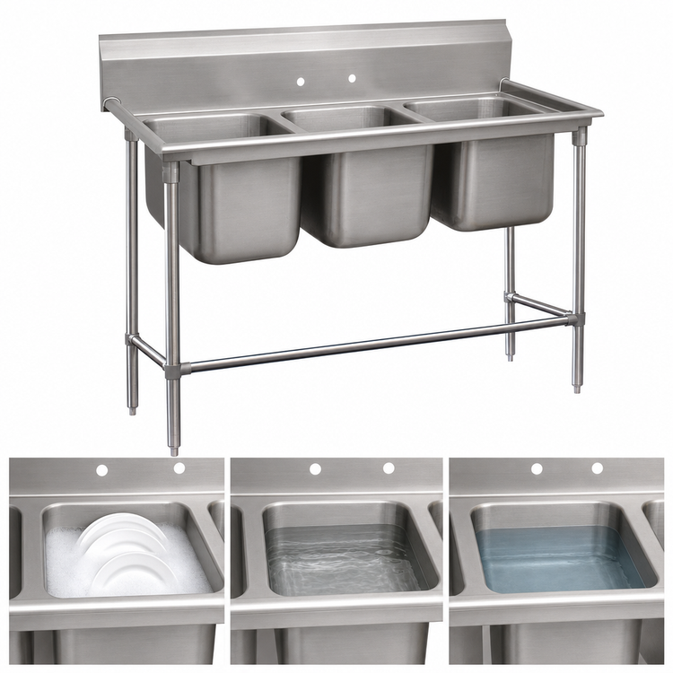 Product image #3 for Advance Tabco Regaline 3-Compartment Commercial Sink with Legs, 75-3/4" x 36", 14-Gauge 304 Stainless Steel