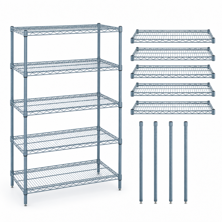 Product image #3 for Quantum 42"W x 18"D x 54"H Stationary Wire Shelving Starter Kit with 5 Shelves, Gray Epoxy Antimicrobial Finish