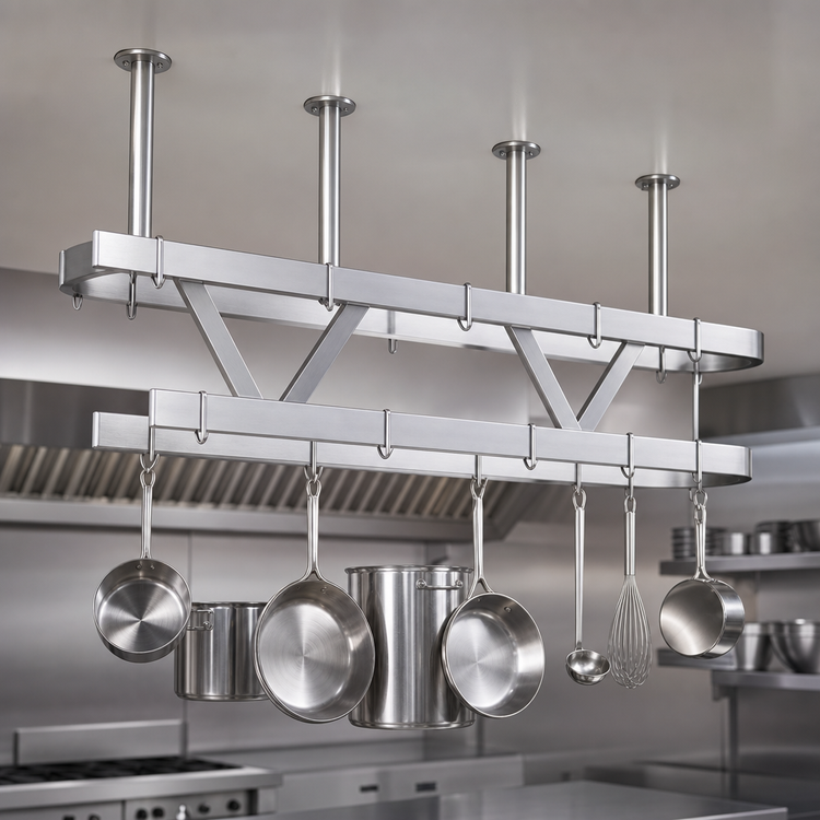 Product image #3 for Advance Tabco SC-48 Triple Bar Ceiling-Mounted Stainless Steel Pot Rack, 48" W x 22" D