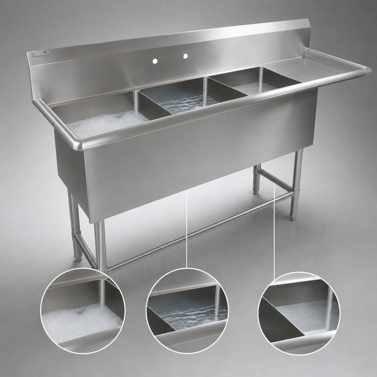 Product image #3 for John Boos Pro-Bowl 3-Compartment Sink with 30-Inch Right Drainboard, 16-Gauge 300 Series Stainless Steel
