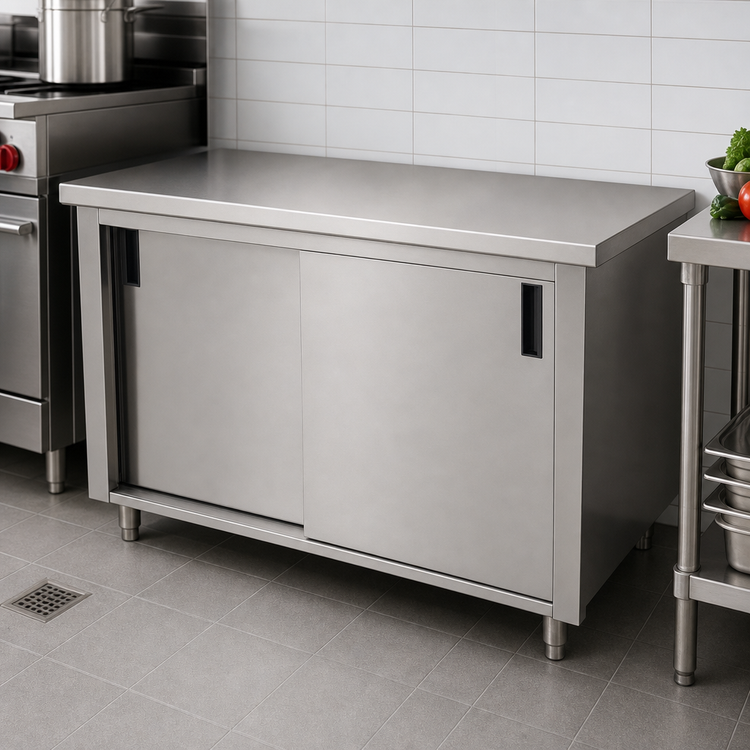 Product image #3 for Advance Tabco Special Value Economy Enclosed Work Table with Cabinet Base, Sliding Doors, 96 x 24 Inches, 16 Gauge 304 Stainless Steel Top