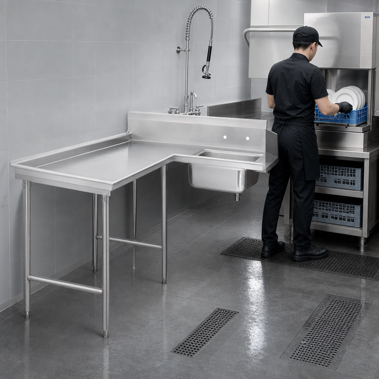 Product image #3 for Advance Tabco 95 Inch Left-Hand L-Shaped Island Soil Dishtable with Pre-Rinse Sink, 16 Gauge 304 Stainless Steel