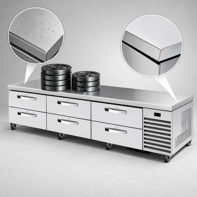 Product image #3 for True 110-Inch Refrigerated Chef Base with 6 Locking Drawers and Stainless Steel V-Edge Top
