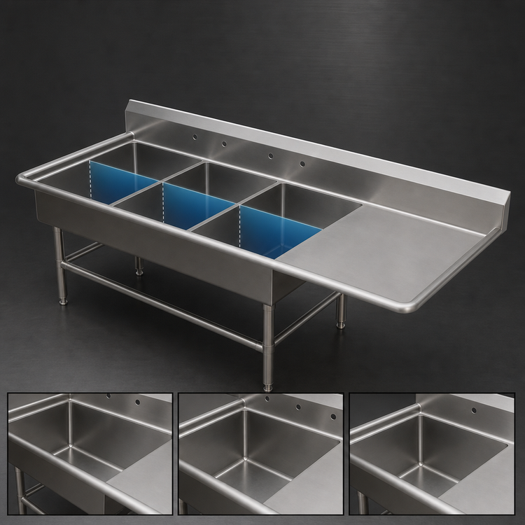 Product image #3 for John Boos Pro-Bowl 3-Compartment Bakery Sink with Right Drainboard, 12-In. Deep Bowls, 16-Gauge Stainless Steel