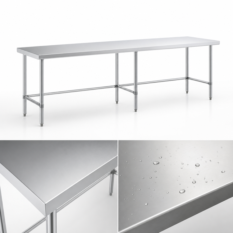 Product image #3 for Sapphire 120-Inch x 14-Inch Stainless Steel Flat Top Work Table with Open Base, Beveled Edge, and Galvanized Legs