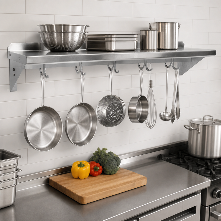 Product image #3 for John Boos Stallion 14-Gauge Stainless Steel Wall-Mount Pot Rack Shelf with 7 Hooks, 84W x 18D