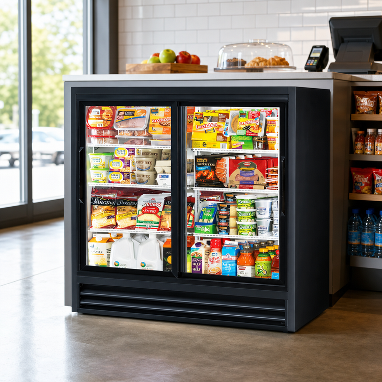 Product image #3 for Two-Section Low-Height Narrow-Depth Sliding Glass Door Merchandiser Refrigerator