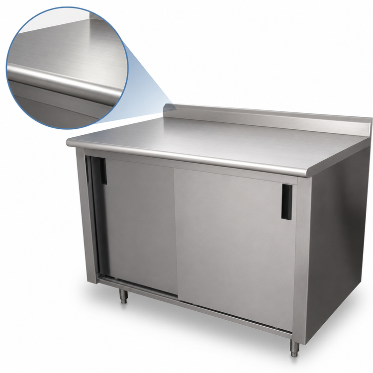 Product image #3 for Advance Tabco 84" x 36" Enclosed Work Table with Sliding Door Cabinet Base, 14 Gauge 304 Stainless Steel Top, 1-1/2" Rear Up-Turn