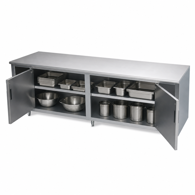 Product image #3 for Advance Tabco 84-Inch x 30-Inch Enclosed Stainless Steel Work Table with Cabinet Base, Mid-Shelf, and Hinged Doors