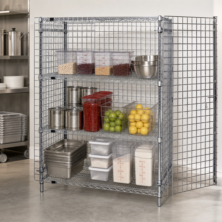 Product image #3 for Quantum Stationary Security Cage with 2 Intermediate Shelves, 36 Inches W x 24 Inches D x 63 Inches H, Chrome Plated