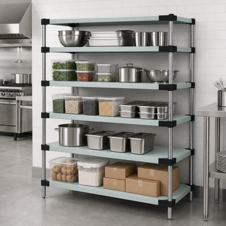 Product image #3 for Quantum 72 Inch W x 21 Inch D x 63 Inch H 304 Stainless Steel Solid Shelving Starter Kit with 5 Shelves