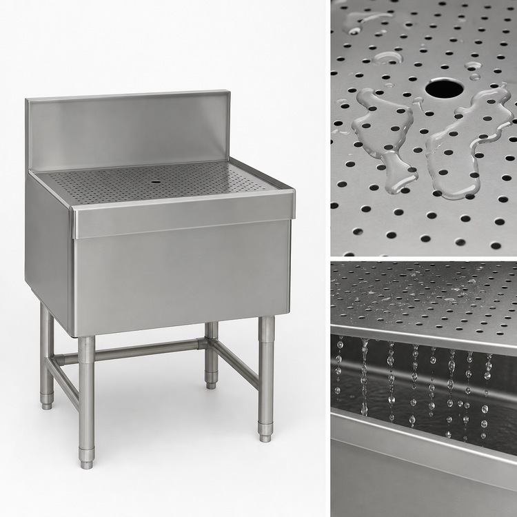 Product image #3 for Eagle Group Spec-Bar 42-Inch x 24-Inch Freestanding Stainless Steel Workboard with Perforated Insert, Drain Pan, and 8-Inch Backsplash