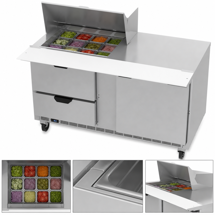 Product image #4 for Beverage-Air SPED60HC-12M-2 60" Two-Section Mega Top Refrigerated Prep Table with 12-Pan Opening, 2 Drawers and 1 Door