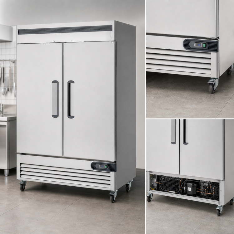 Product image #3 for Migali Competitor Series® Two-Section Reach-In Refrigerator with Solid Hinged Locking Doors, 49 Cu. Ft., Bottom-Mount Self-Contained, Stainless Steel