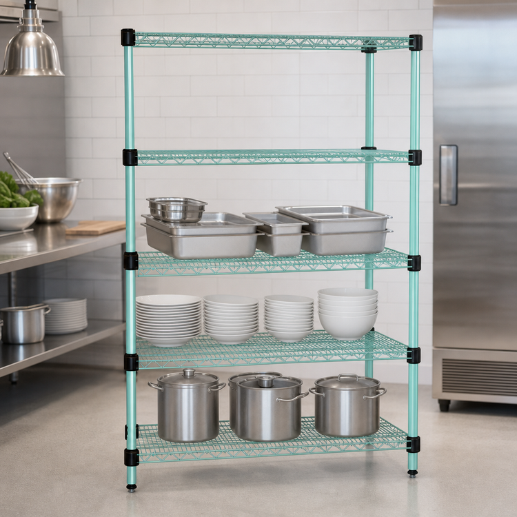Product image #3 for EagleGard Quad-Adjust 4-Tier Wire Shelving Starter Unit, 60W x 24D x 74H, Blue-Green Hybrid Epoxy Finish