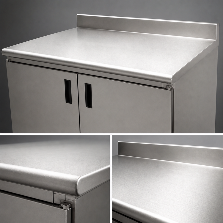 Product image #3 for Advance Tabco Enclosed Work Table with Cabinet Base, 96 x 36 Inch, 14 Gauge 304 Stainless Steel Top, 5-Inch Backsplash