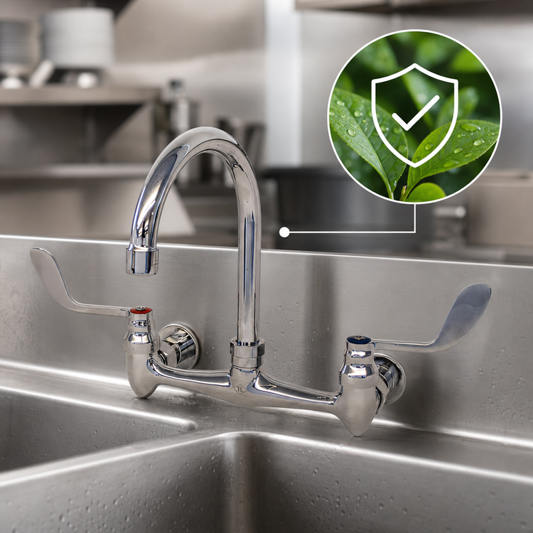 Product image #3 for Advance Tabco Heavy-Duty Lead-Free Splash Mount Faucet with 6-Inch Gooseneck Spout, 8-Inch O.C., and Wrist Blade Handles