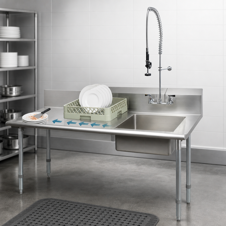 Product image #3 for BK Resources 48-Inch Straight Soiled Dish Table with Pre-Rinse Sink and Faucet, Right-to-Left, Stainless Steel Legs