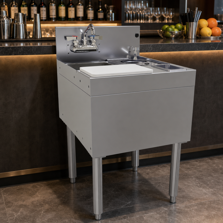 Product image #3 for Glastender Freestanding Underbar Mixology Unit with 1-Compartment Sink, Rinser Faucet, Tool Well and Cutting Board, 20 Inch Wide