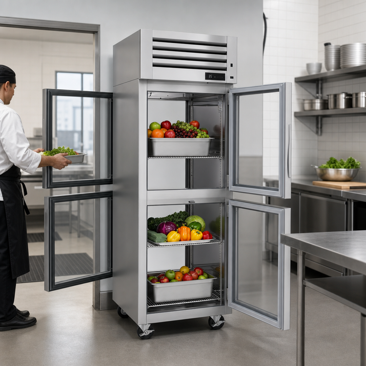 Product image #3 for Turbo Air PRO Series 1-Section Pass-Thru Reach-In Refrigerator with 2 Front and 2 Rear Glass Half Doors, 27.52 Cu. Ft., Top-Mount Self-Contained Refrigeration