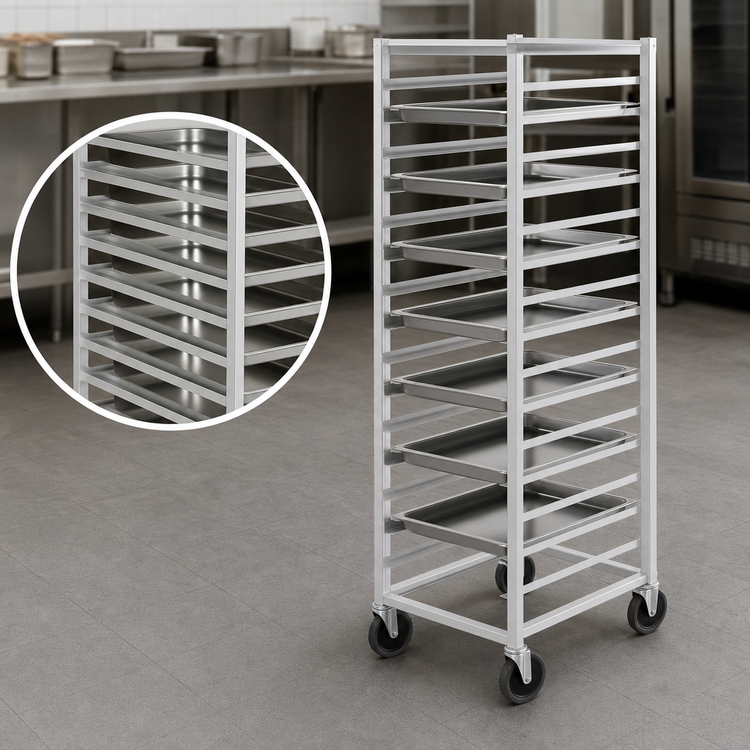 Product image #3 for Channel Manufacturing Mobile End-Load Steam Table Pan Rack for 12 x 20 Pans, 9-Slide, 36-Inch High, Aluminum