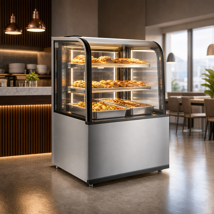 Product image #3 for Omcan Full-Service Floor Model Curved Front Glass Heated Display Warmer, 37-Inch Wide, 12 Cu. Ft.