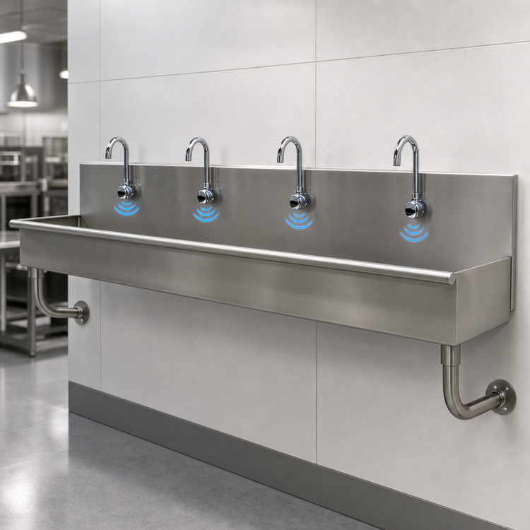 Product image #3 for Advance Tabco 96-Inch Wall Mounted 4-Station Stainless Steel Hand Wash Sink with 4 Electronic Faucets