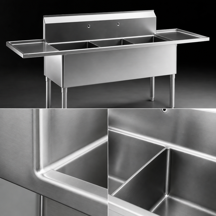 Product image #3 for Eagle Group Two-Compartment Utility Sink with Double Drainboards, 72-1/4 Inch x 25 Inch, 304 Stainless Steel