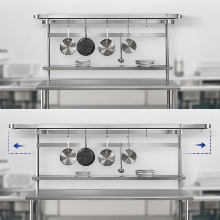Product image #3 for Advance Tabco Adjustable Table-Mounted Stainless Steel Commercial Pot Rack, 120 Inch Wide, with 9 Plated Hooks