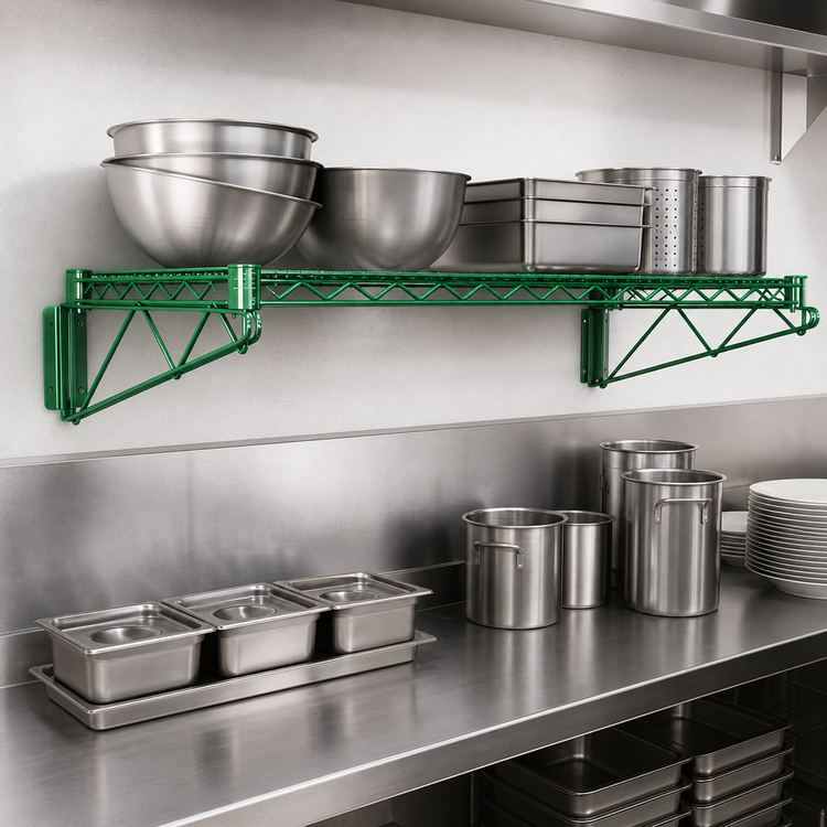Product image #3 for Quantum Wall-Mount Cantilever Single Wire Shelf Kit, 72 x 21 Inches, Green Epoxy Antimicrobial Finish