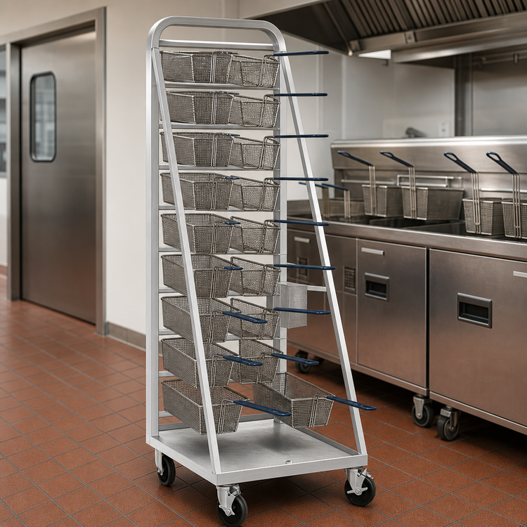 Product image #3 for Channel Aluminum Mobile Fry Basket Rack, 18-Basket Capacity