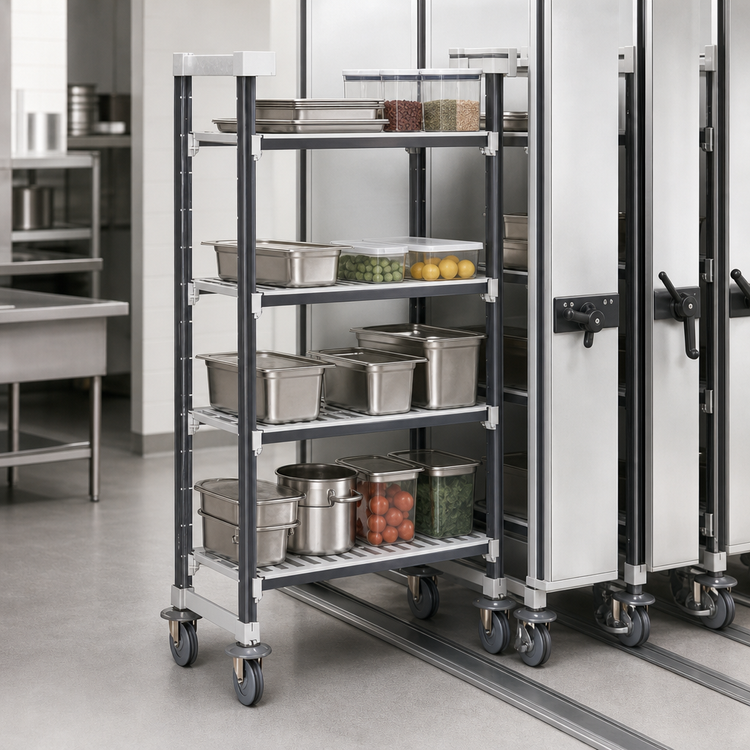 Product image #3 for Cambro Camshelving Elements XTRA 21" x 42" x 70-1/4" High Density Mobile Starter Unit with 4 Vented Shelves, Speckled Gray