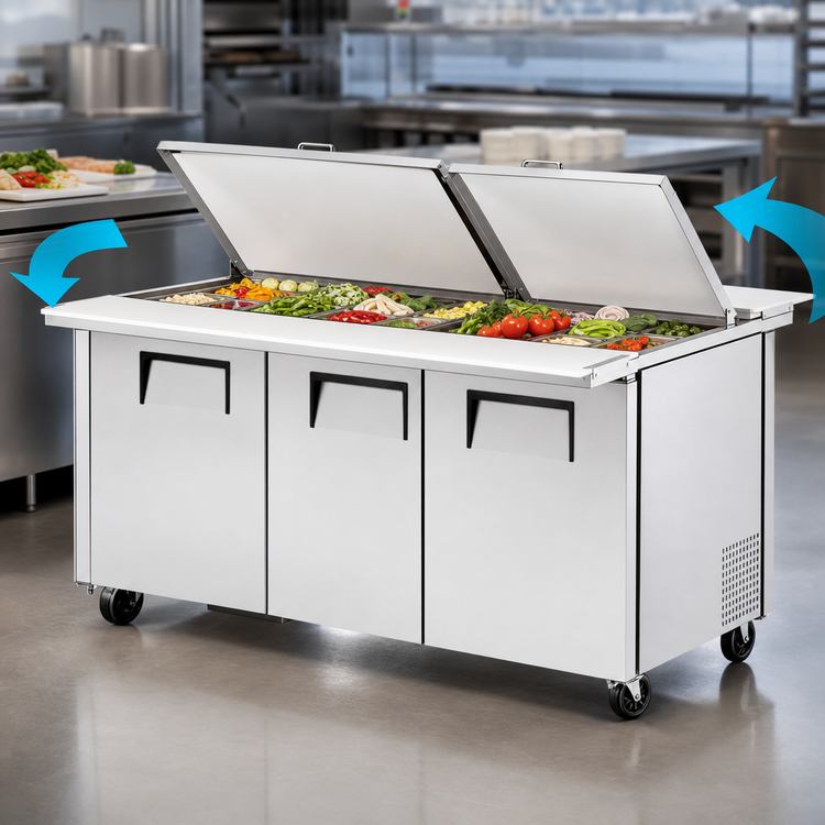 Product image #3 for True 72-Inch Dual-Side Mega Top Sandwich/Salad Prep Table with 3 Doors and 30-Pan Capacity