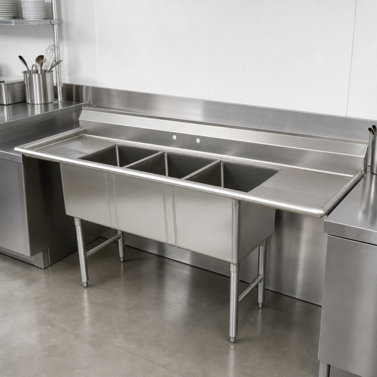 Product image #3 for Advance Tabco 3-Compartment Fabricated Sink with Dual 24-Inch Drainboards, 18 x 18 x 14-Inch Bowls, 16-Gauge 304 Stainless Steel