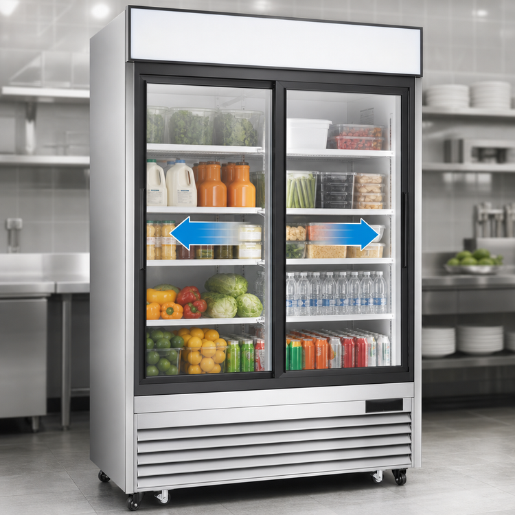 Product image #3 for Atosa Two-Section Glass Door Refrigerator Merchandiser, 44.9 Cu. Ft., Bottom-Mount Self-Contained, Stainless Steel