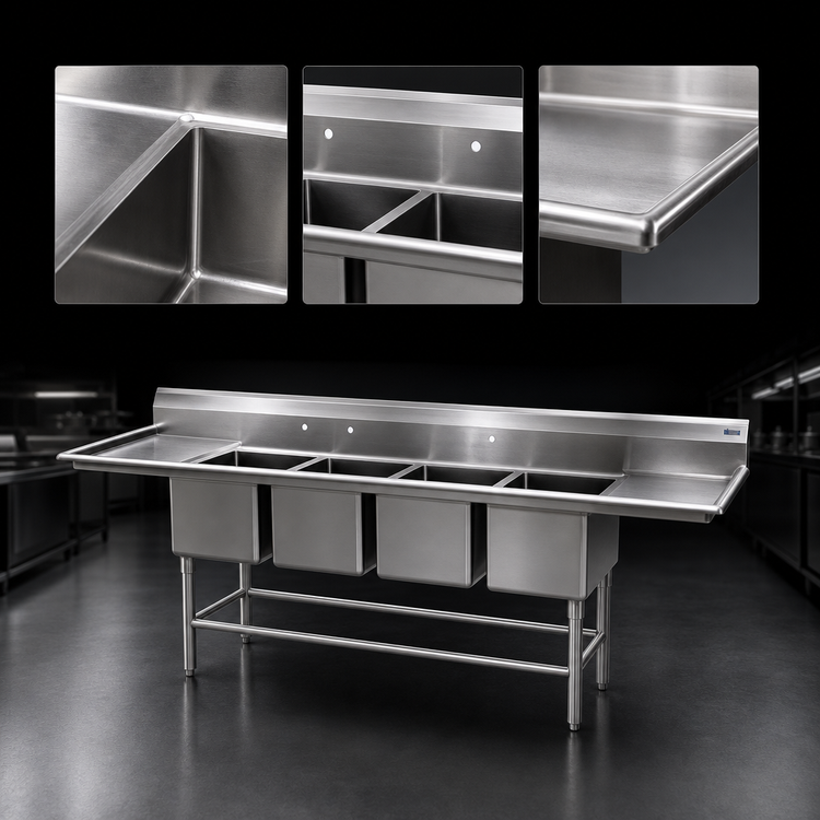 Product image #3 for Spec-Master FN2880-4-36R-14/3 Four Compartment Stainless Steel Commercial Sink with 36" Right Drainboard