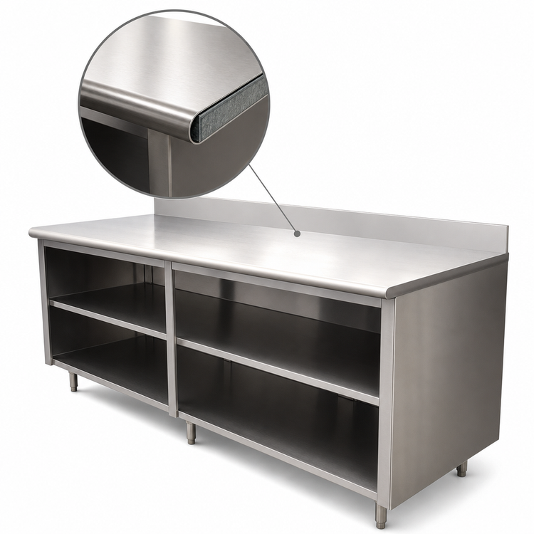 Product image #3 for Advance Tabco Special Value Series 84" x 30" Economy Open Front Cabinet Base Work Table with 5" Backsplash and Mid-Shelf