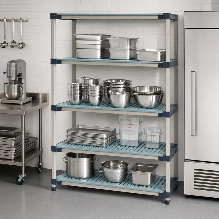 Product image #3 for MetroMax 4 Stationary Starter Polymer Shelving Unit with 4 Open-Grid Shelves, 42"W x 18"D x 63"H