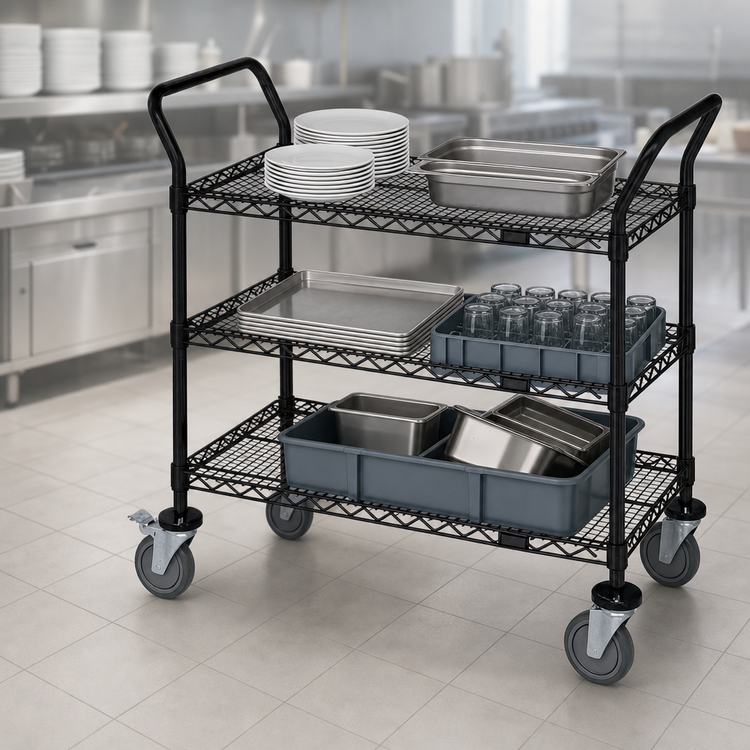 Product image #3 for Quantum 3-Shelf Wire Utility Bus Cart, 48 x 18 Inches, Black Epoxy Antimicrobial Finish