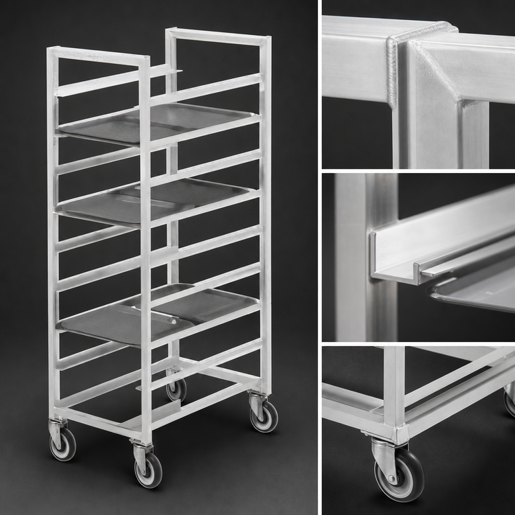 Product image #3 for Channel Aluminum Cafeteria Tray Rack with 5 Inch Swivel Plate Casters, Single Section, End Load, 28-Tray Capacity, 15 x 20 Tray Size, 64 Inch H