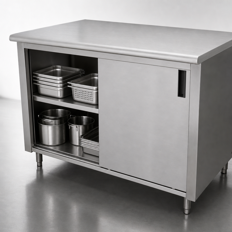 Product image #3 for Advance Tabco Special Value Economy Enclosed Work Table with Sliding Doors, 84 x 24 Inches, 304 Stainless Steel Top