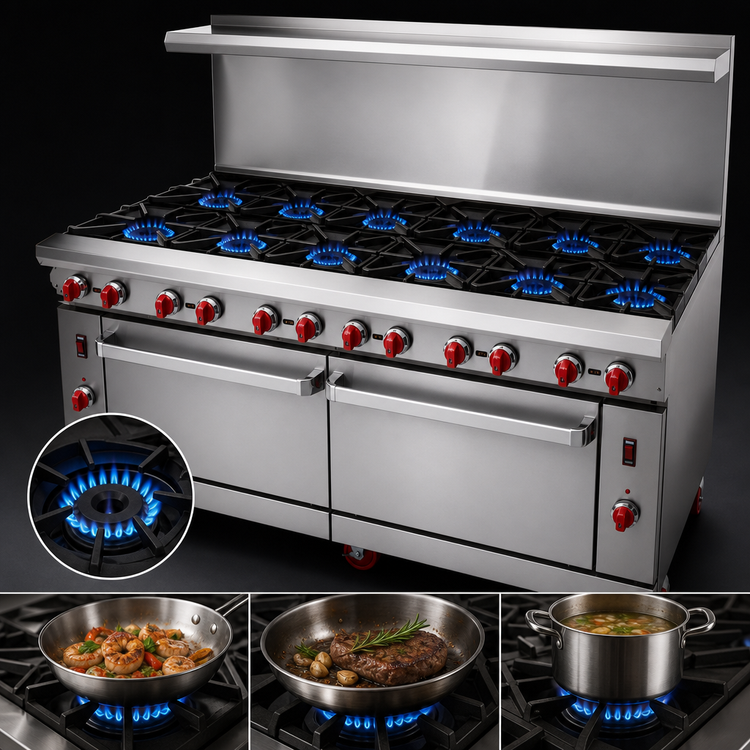 Product image #3 for American Range Green Flame 72-Inch Commercial Gas Range with 12 Open Burners and 2 Standard Ovens