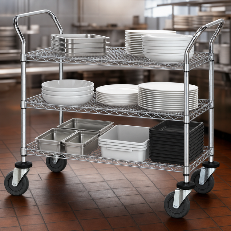 Product image #3 for Chrome-Plated 3-Shelf Wire Utility Bus Cart, 1200 lb Capacity