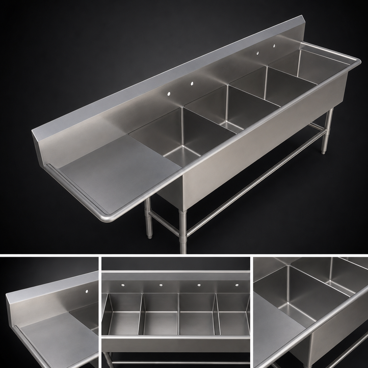 Product image #3 for John Boos Pro-Bowl 4-Compartment Stainless Steel Sink with 30-Inch Left Drainboard, 14-Inch Deep Bowls