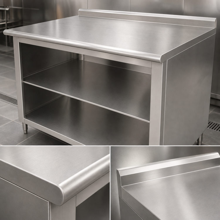 Product image #3 for Advance Tabco Open Front Cabinet Base Work Table with Mid-Shelf, 144 Inch x 30 Inch, 14 Gauge 304 Stainless Steel Top, 1-1/2 Inch Rear Up-Turn