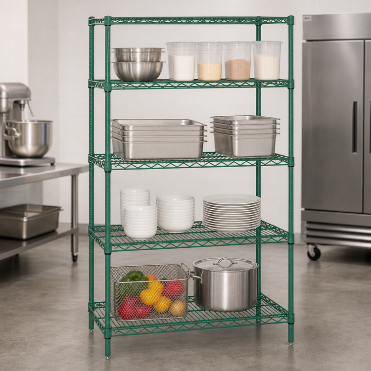 Product image #3 for Quantum 36 in. W x 30 in. D x 74 in. H Stationary 4-Shelf Wire Shelving Starter Kit, Green Epoxy Antimicrobial Finish